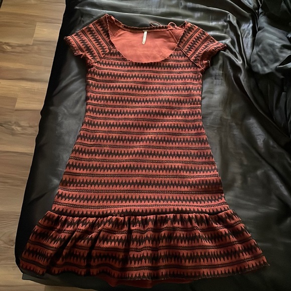 Free People Cozy Day Copper Black Striped Flounce Hem Knit Dress - Picture 2 of 5